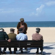 photo backs of men seated on bench at the beach